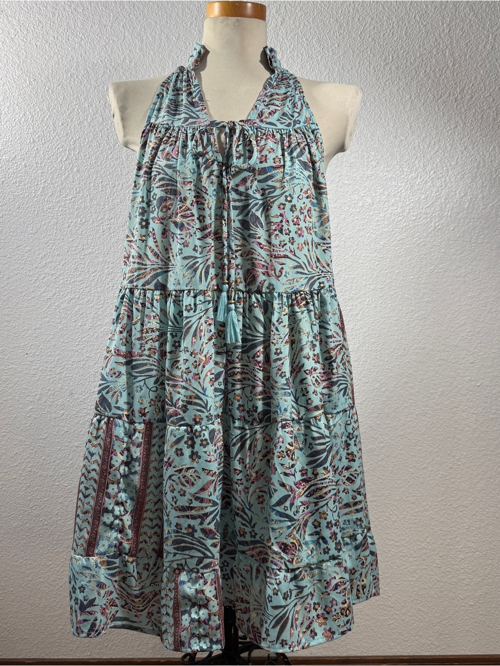 Anthropologie Paani Blue Floral Boho Halter Tiered Tassel Tie Sundress Knee Sz S
